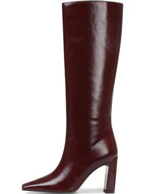 Women's Maroon Full Zipper Square Toe Chunky Heeled Boots with Side Zipper